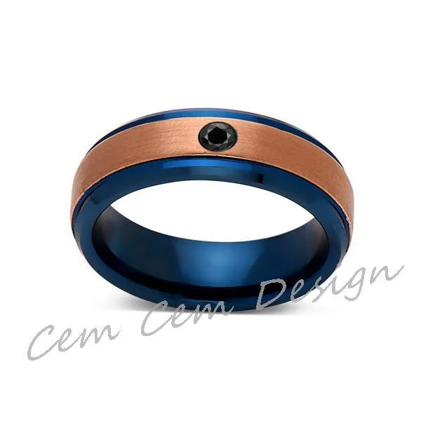 6mm,Black Diamond,Brushed Rose Gold and Blue,Tungsten Ring,Mens Wedding Band,Blue Mens Ring,Comfort Fit