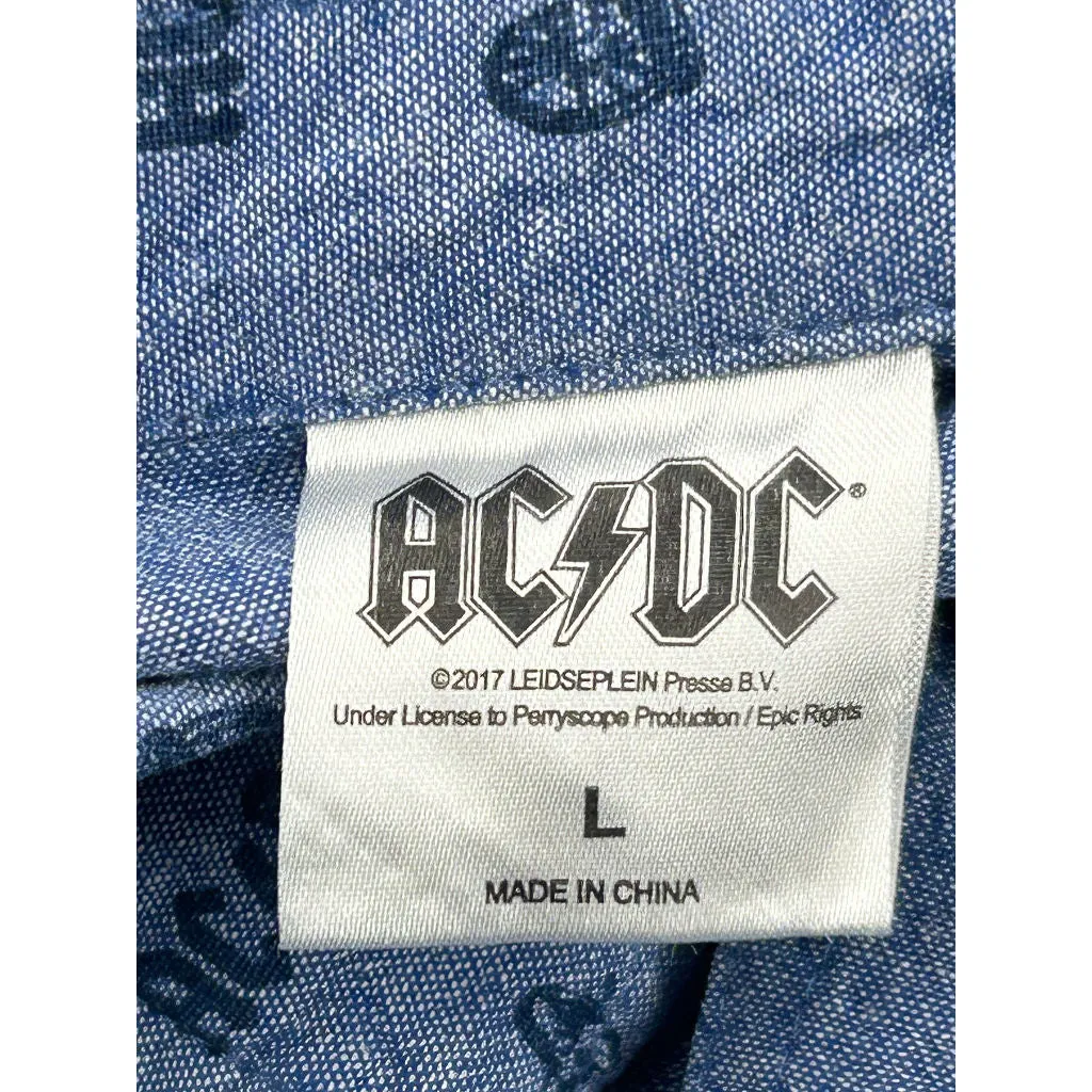 AC/DC Short Sleeve Button-Up Shirt - Large - Blue Cotton