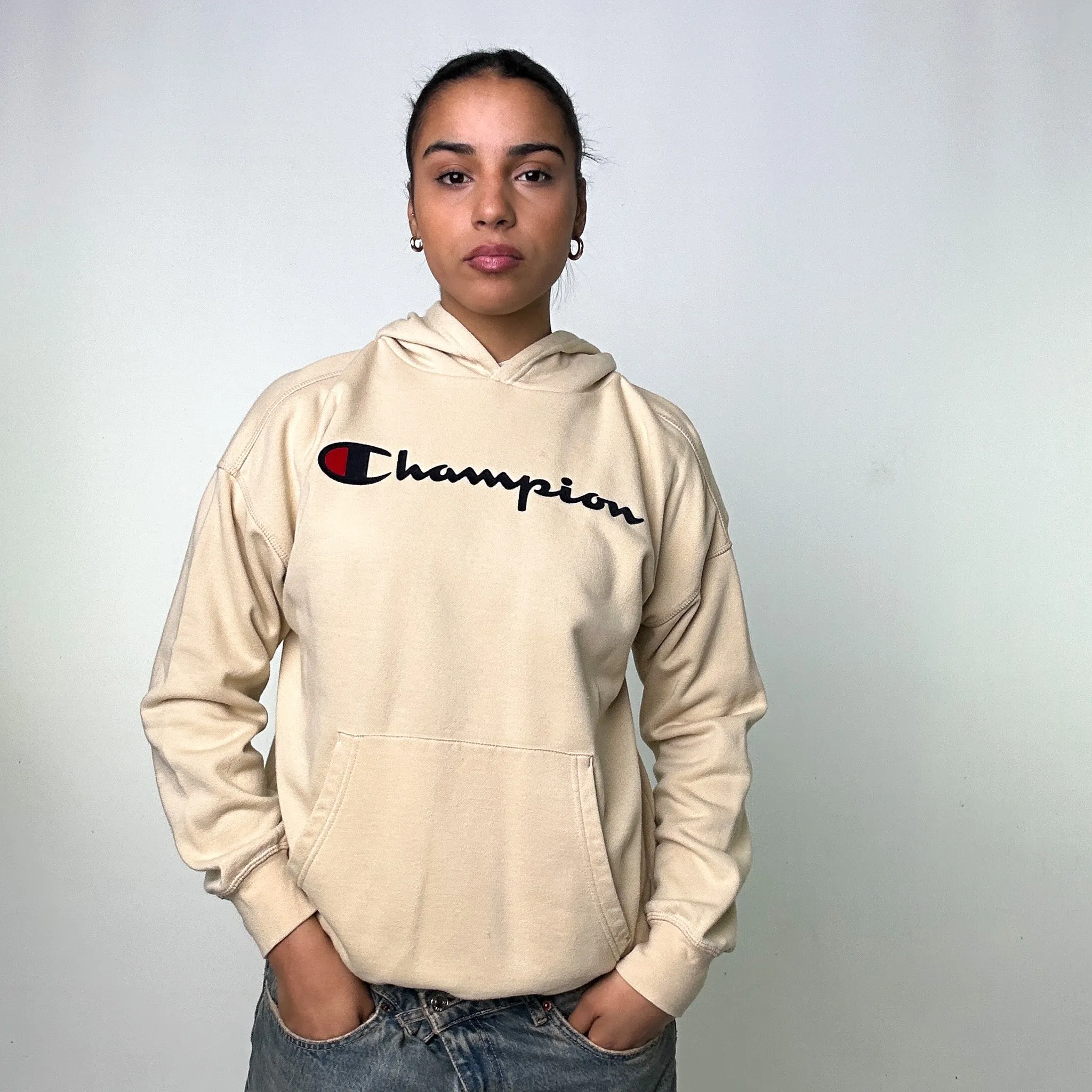 Beige Tan 90s Champion Spellout Hoodie Sweatshirt (M)