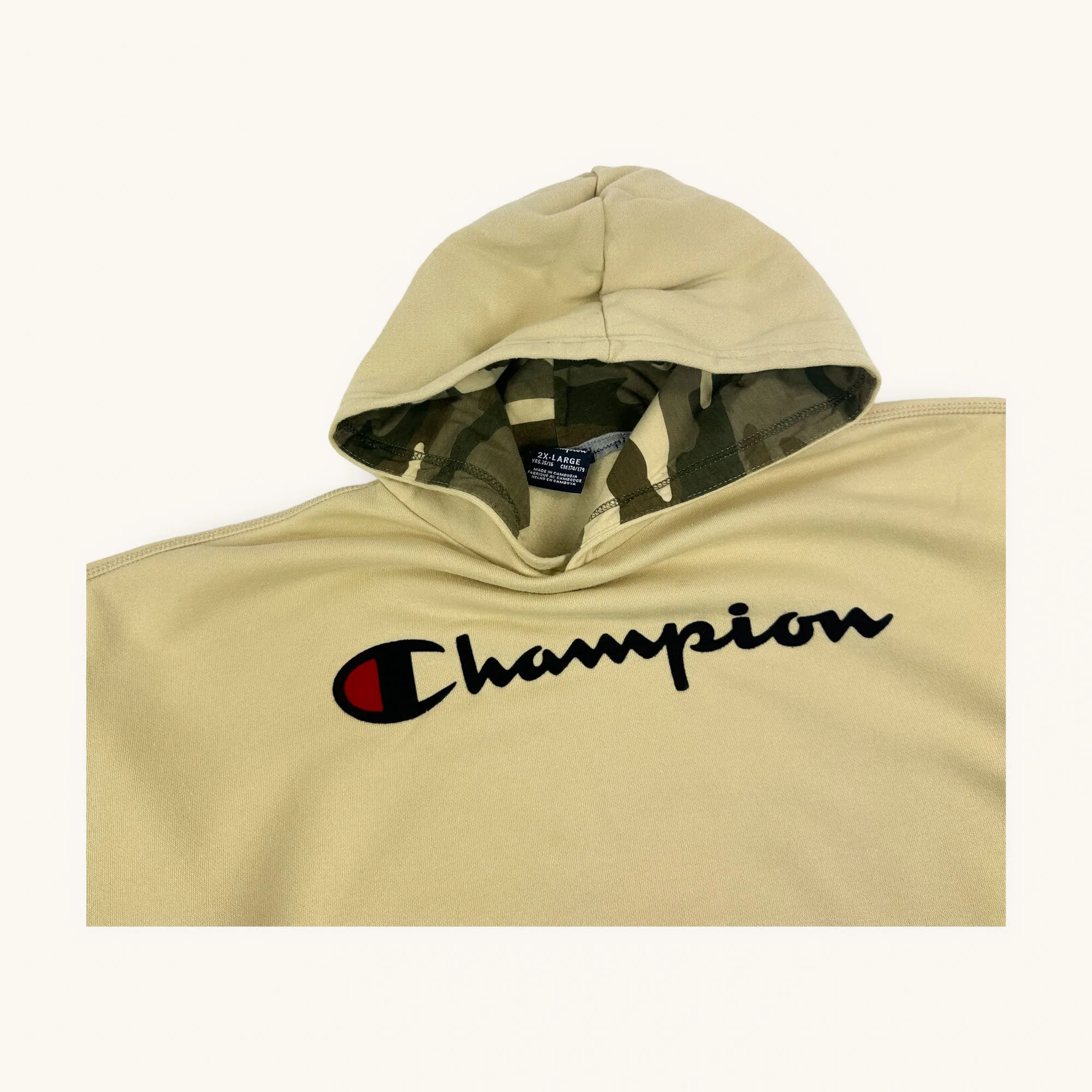 Beige Tan 90s Champion Spellout Hoodie Sweatshirt (M)