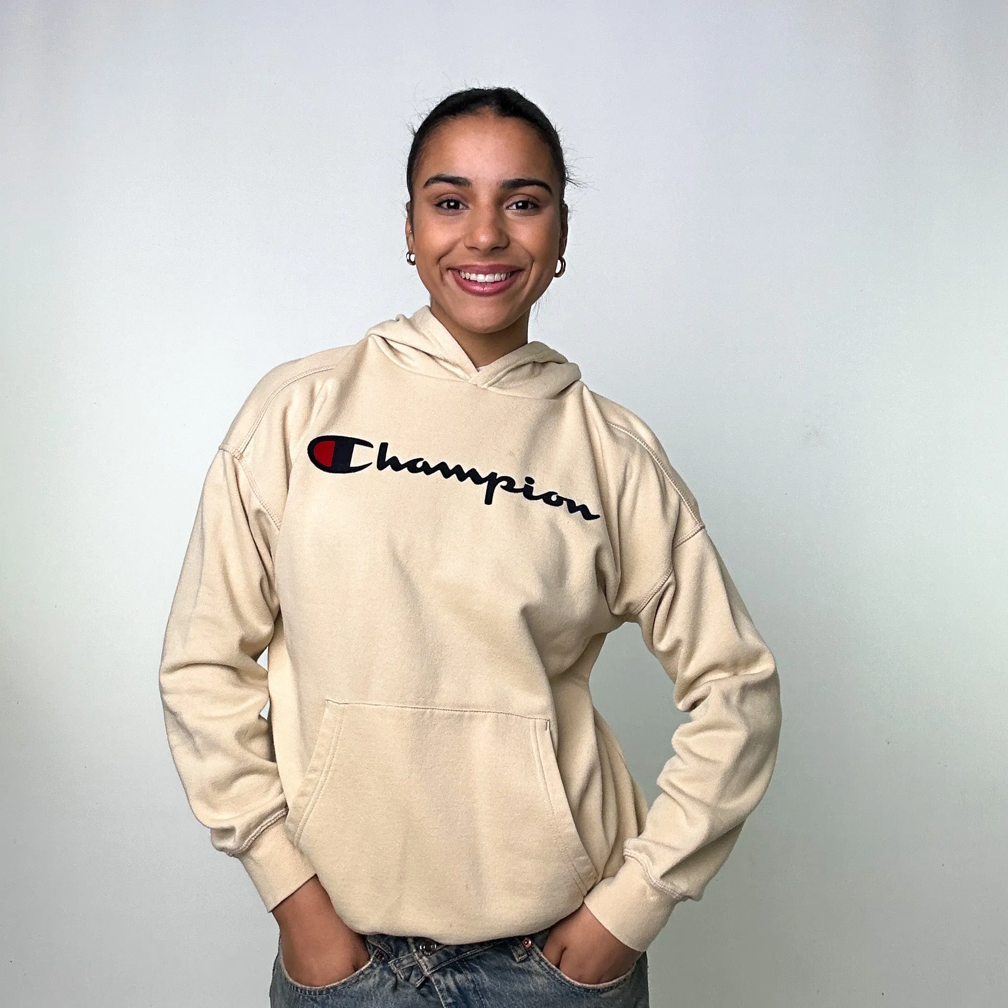 Beige Tan 90s Champion Spellout Hoodie Sweatshirt (M)