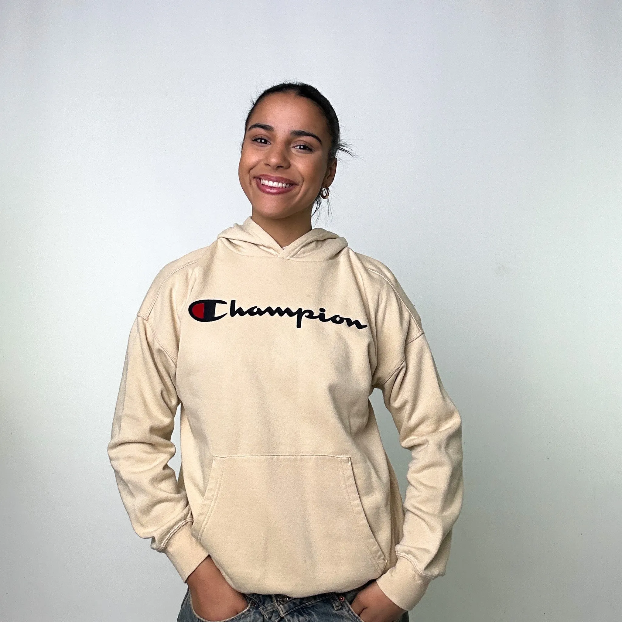 Beige Tan 90s Champion Spellout Hoodie Sweatshirt (M)