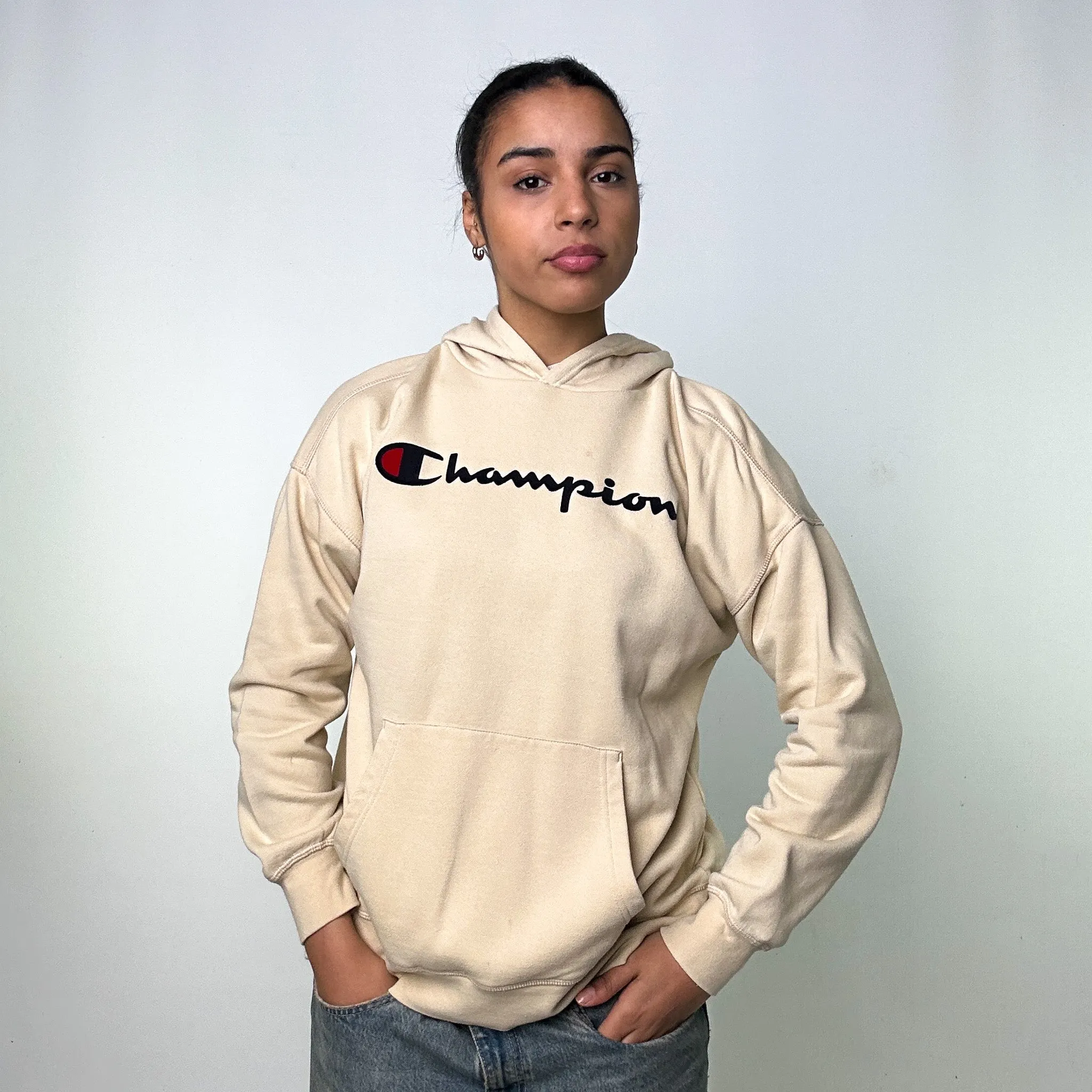 Beige Tan 90s Champion Spellout Hoodie Sweatshirt (M)