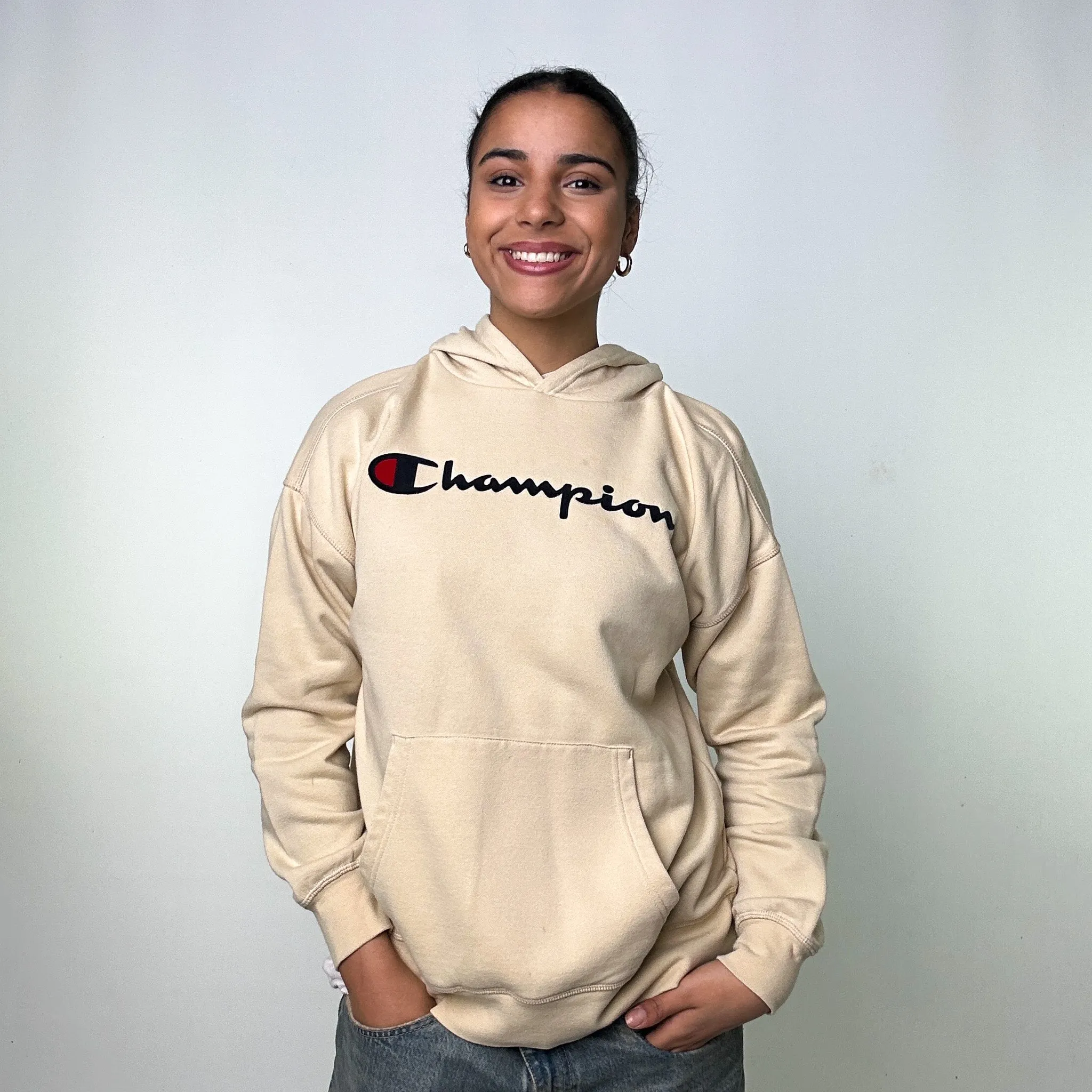 Beige Tan 90s Champion Spellout Hoodie Sweatshirt (M)