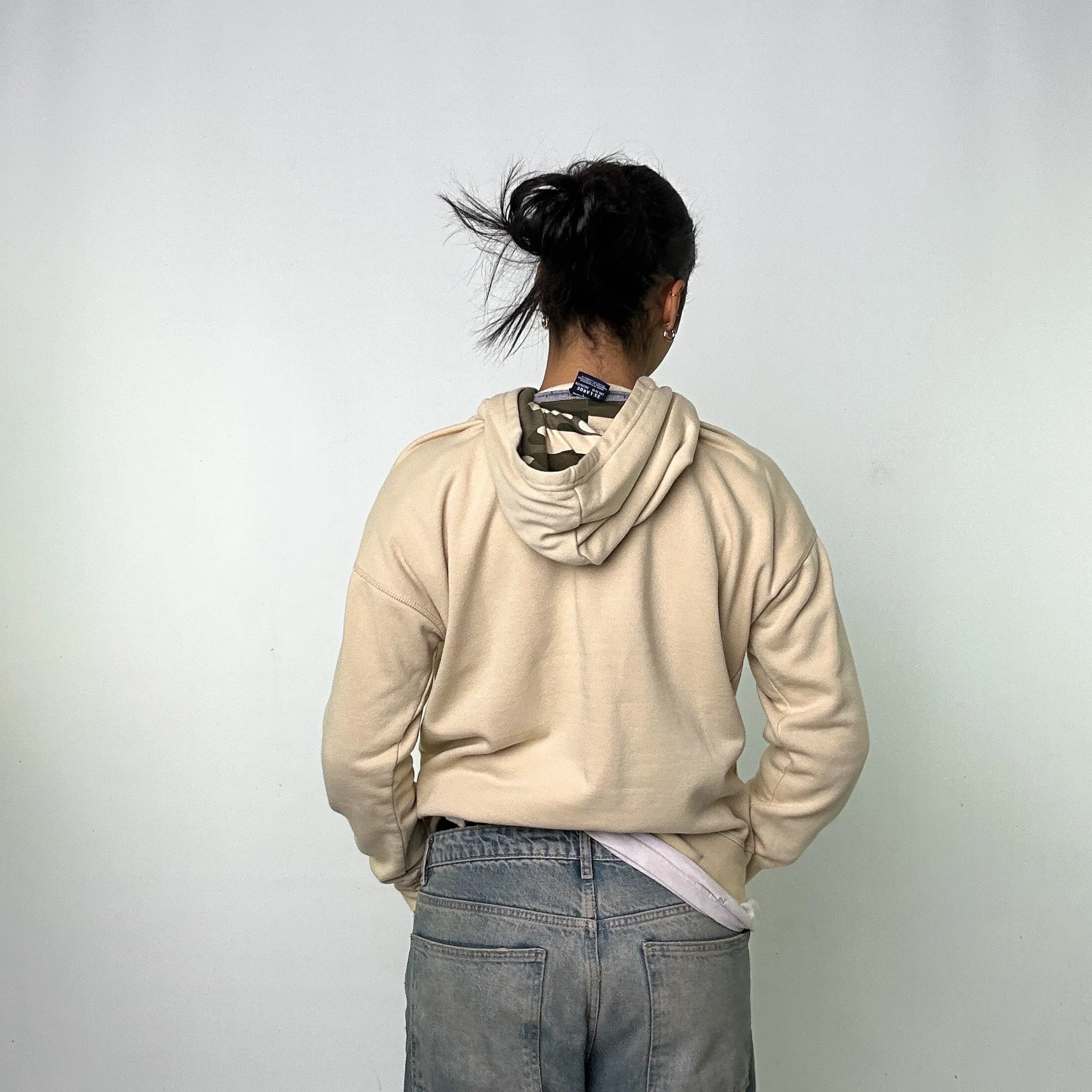 Beige Tan 90s Champion Spellout Hoodie Sweatshirt (M)