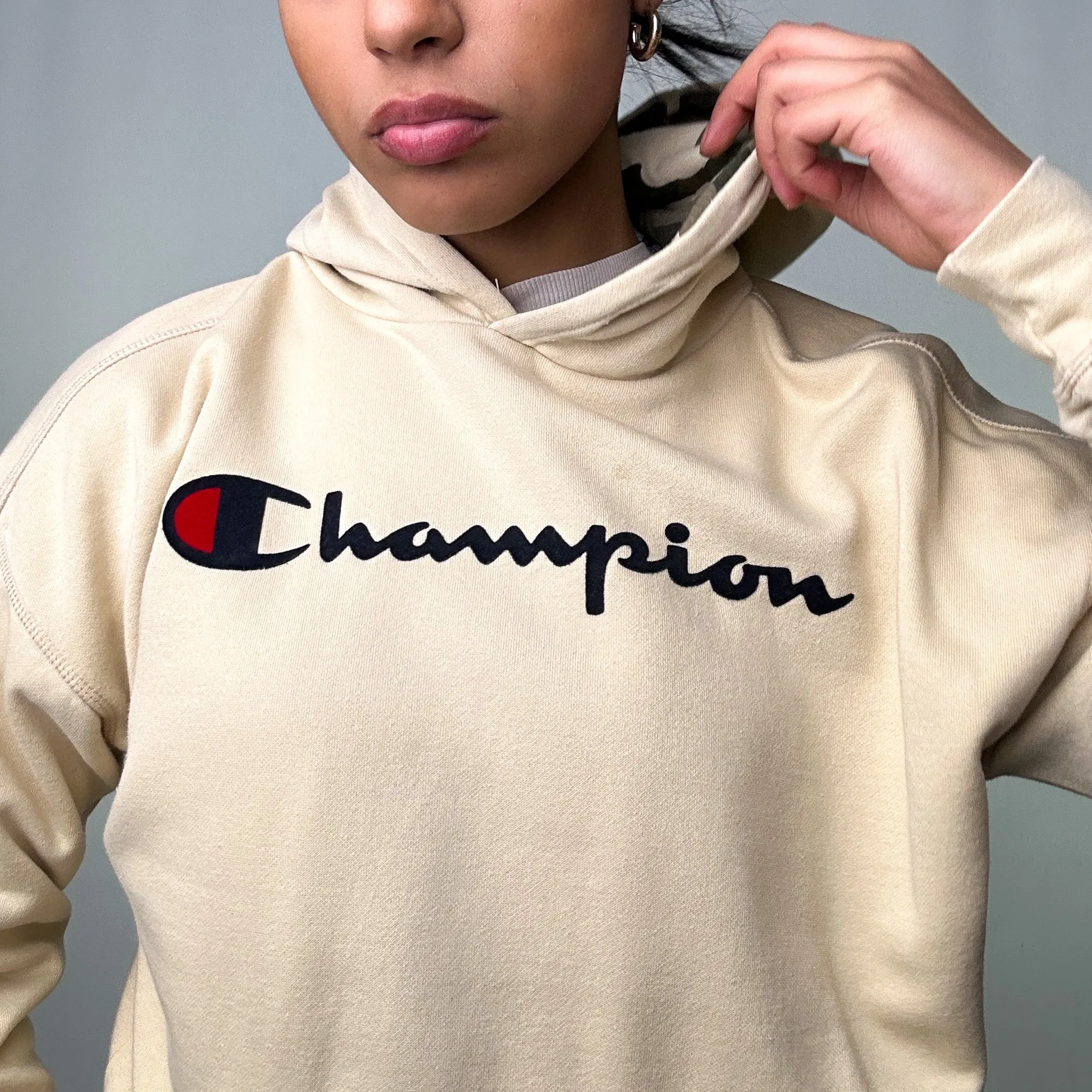 Beige Tan 90s Champion Spellout Hoodie Sweatshirt (M)