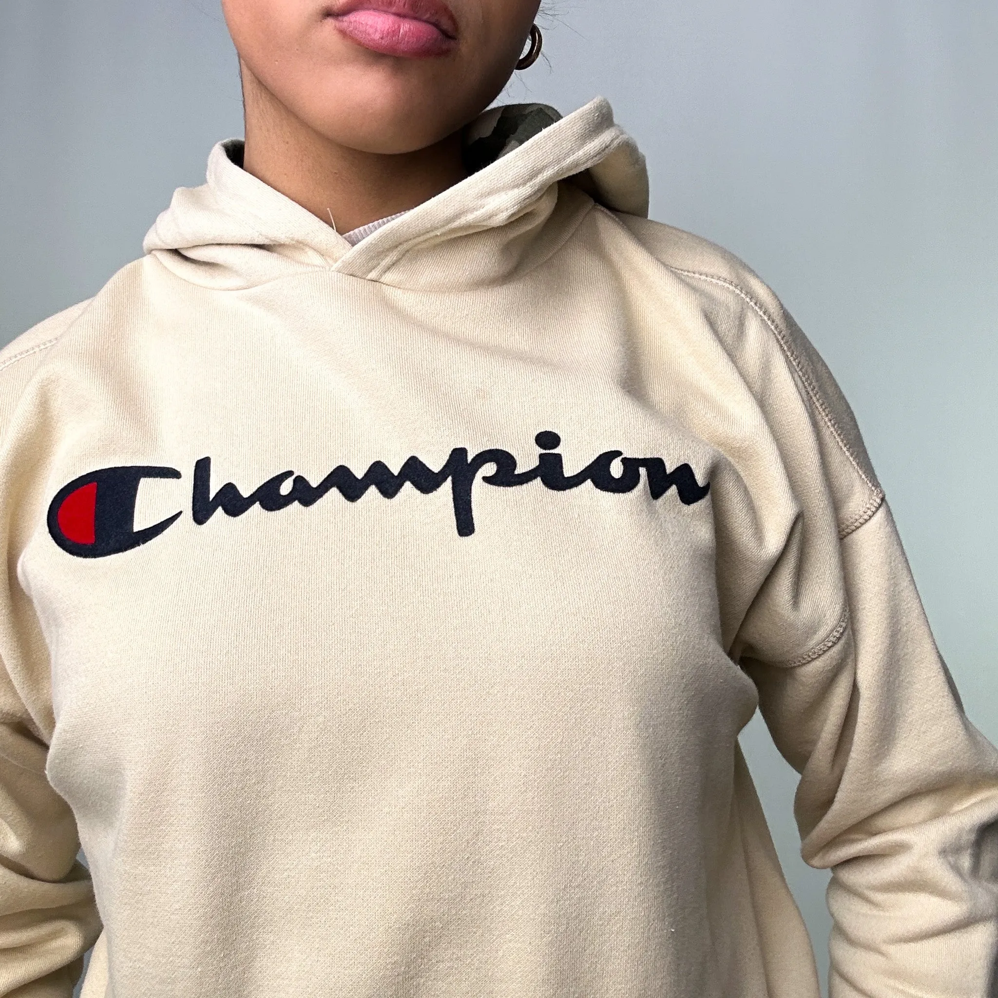 Beige Tan 90s Champion Spellout Hoodie Sweatshirt (M)