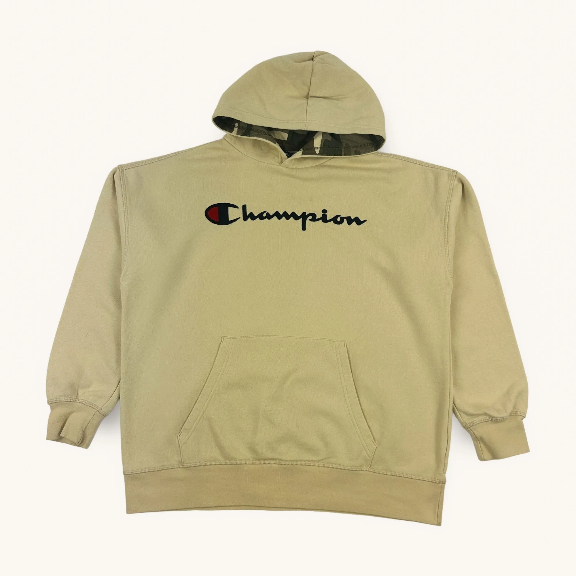 Beige Tan 90s Champion Spellout Hoodie Sweatshirt (M)