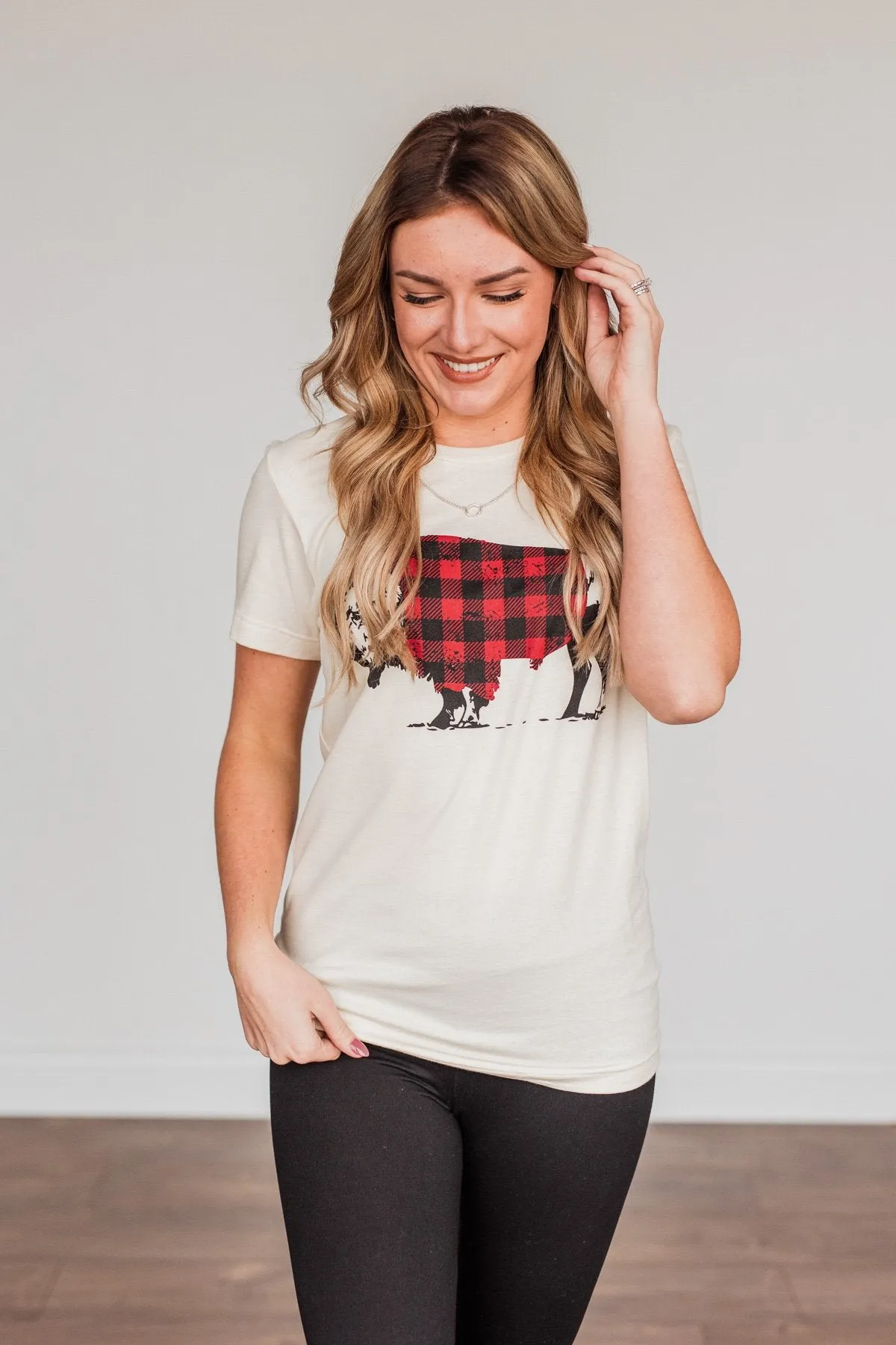 Buffalo Wearing Buffalo Plaid Graphic Tee- Cream