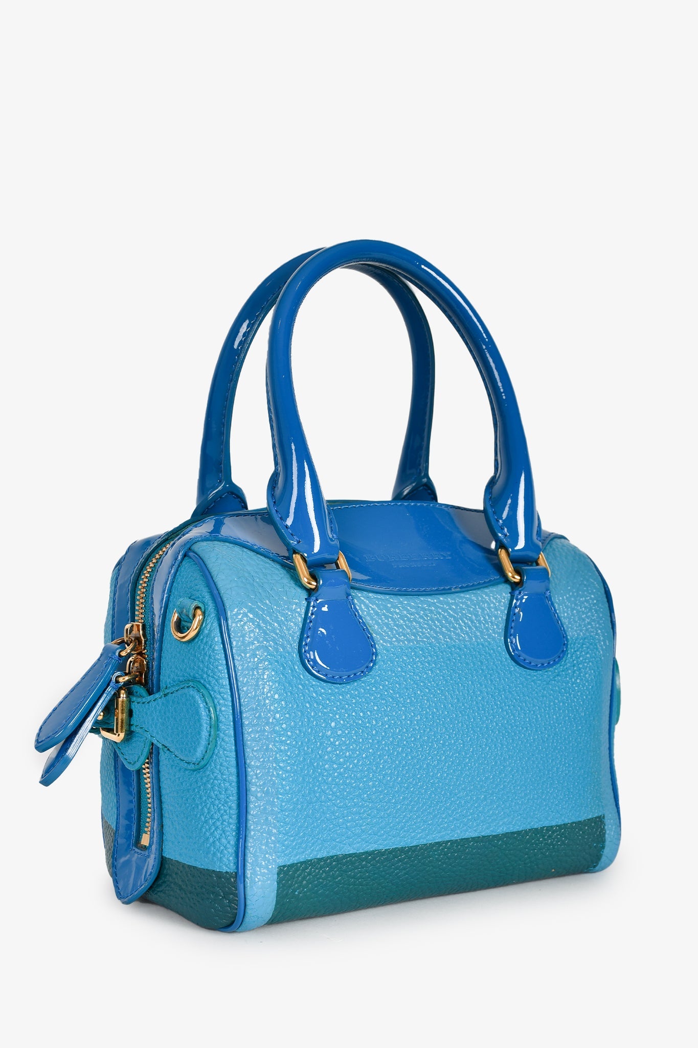 Burberry Blue Grained Leather Tricolour Mini Boston Bag with Strap