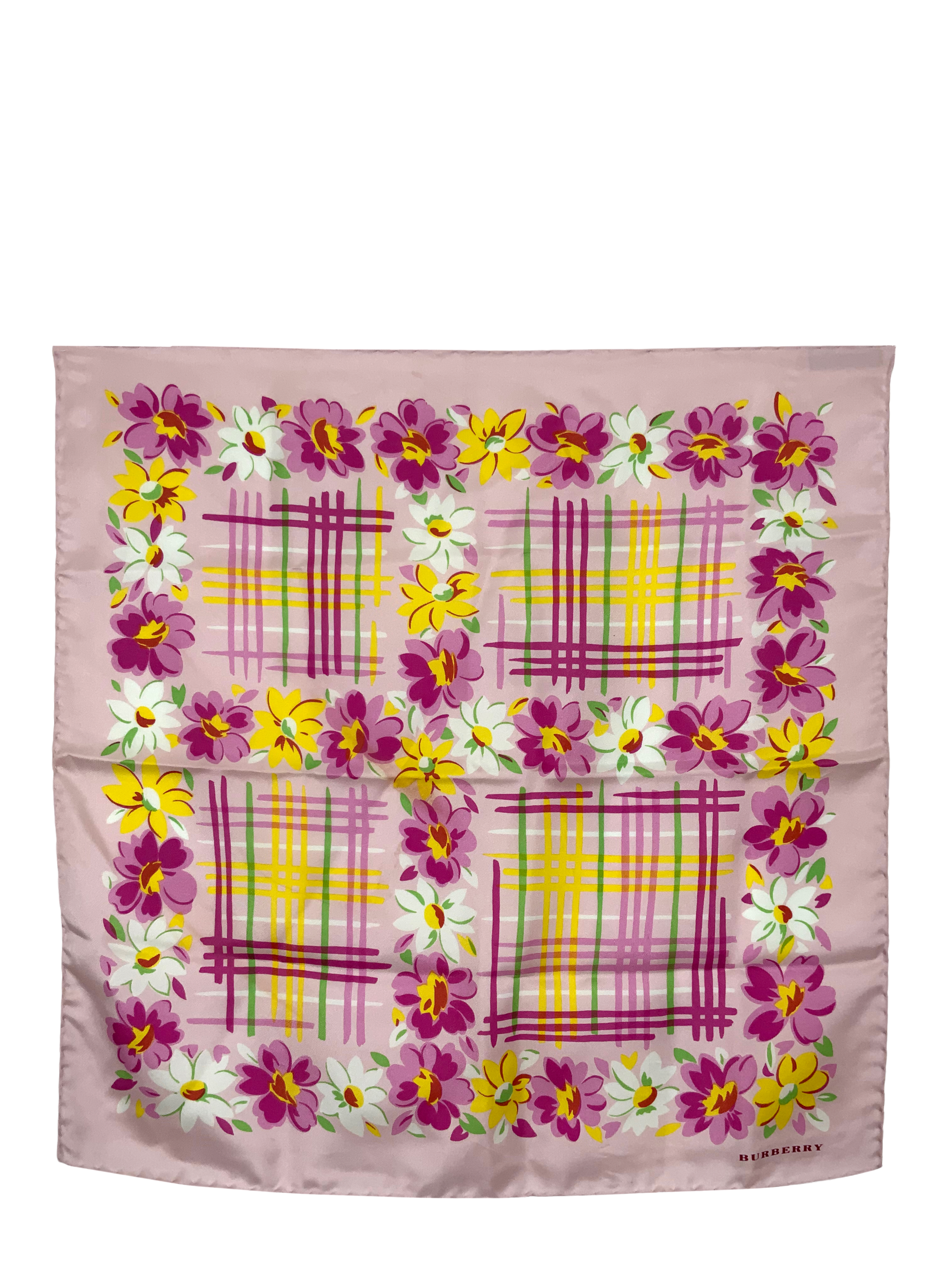 Burberry Floral Checkered Print Silk Small Scarf