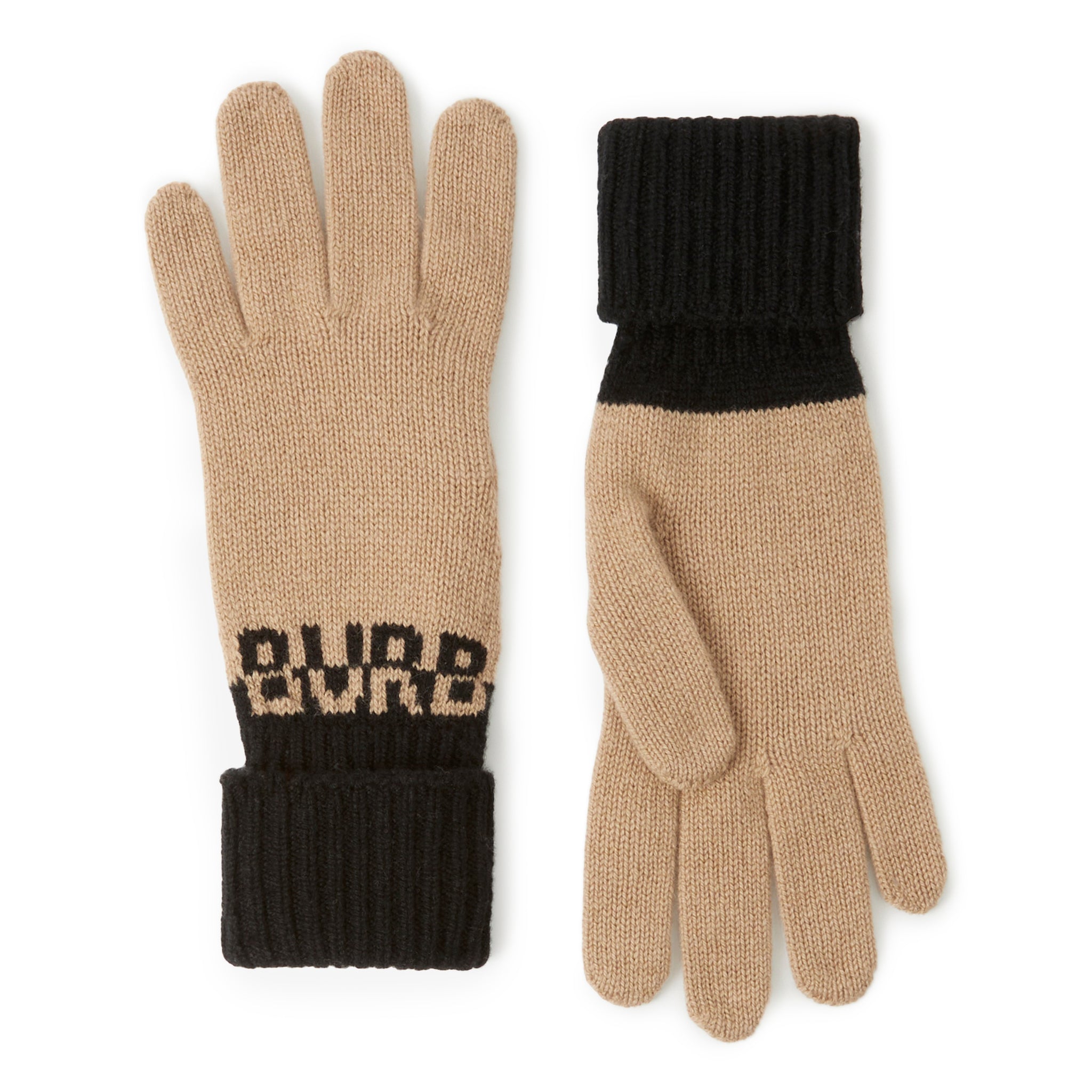 Burberry Logo Intarsia Two-Tone Cashmere Beige Black Gloves