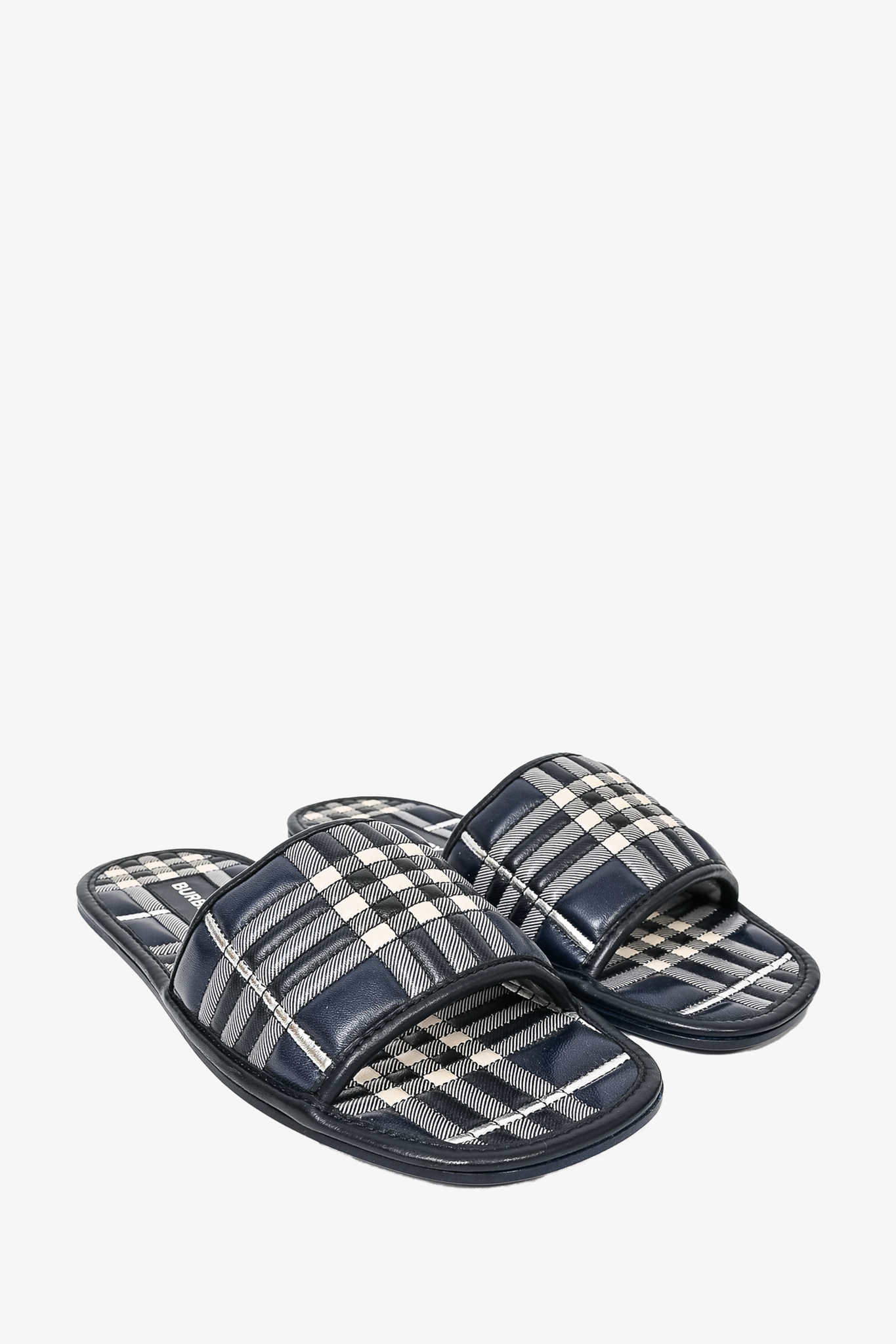 Burberry Navy Check Leather Slides sz 35