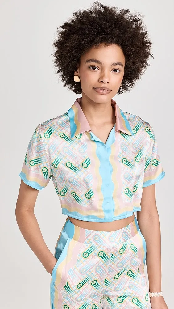 Casablanca   Cuban Collar Cropped Silk Short Sleeve Shirt 