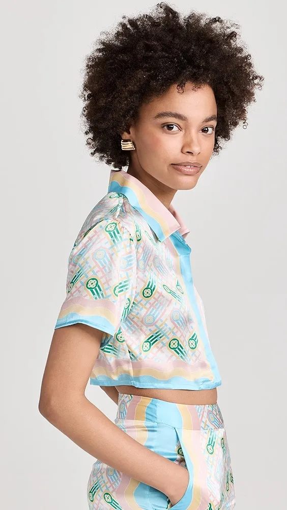 Casablanca   Cuban Collar Cropped Silk Short Sleeve Shirt 