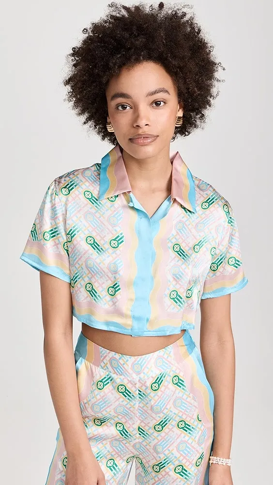 Casablanca   Cuban Collar Cropped Silk Short Sleeve Shirt 