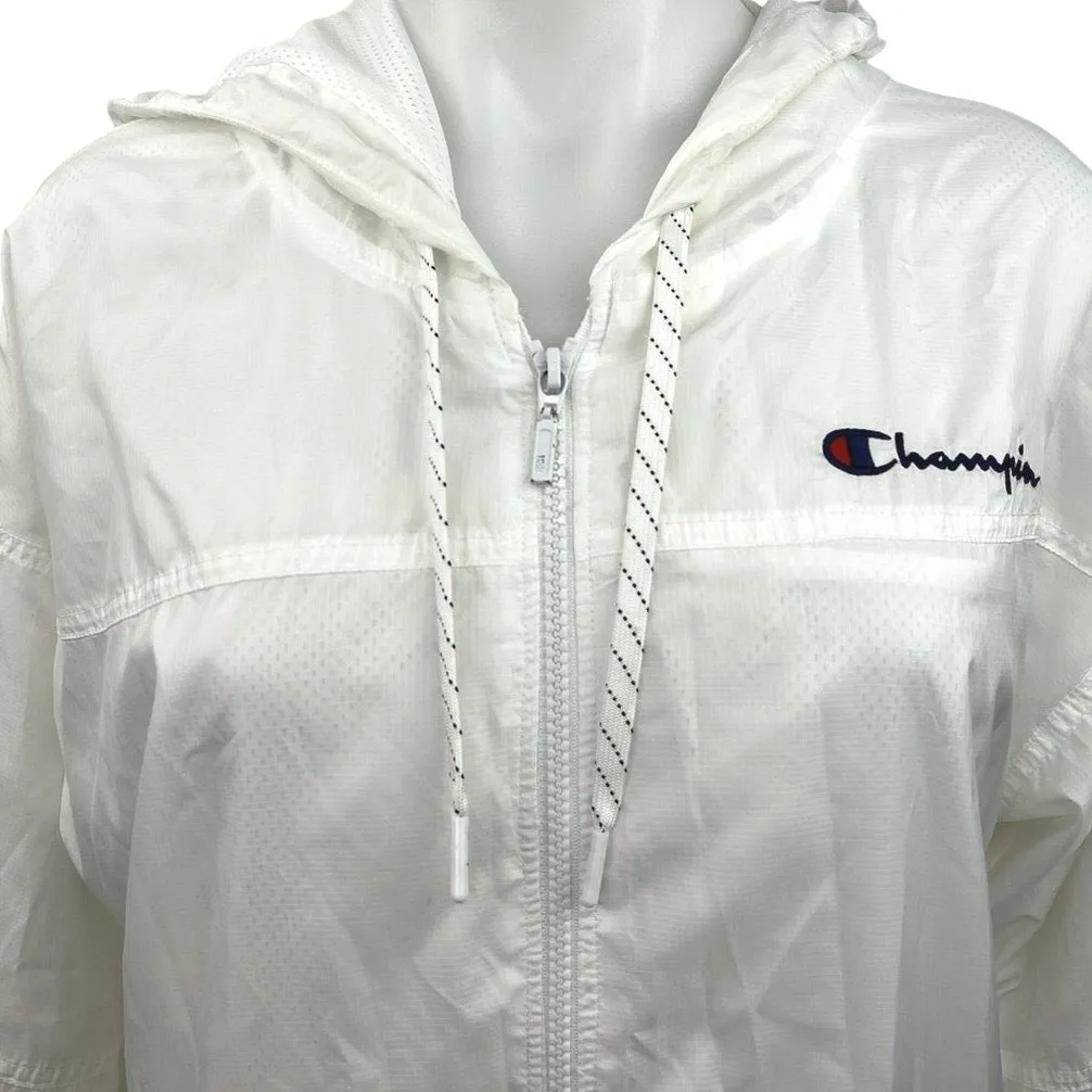 Champion White Full Zip Hooded Drawstring Mesh Lining Windbreaker Jacket Size M