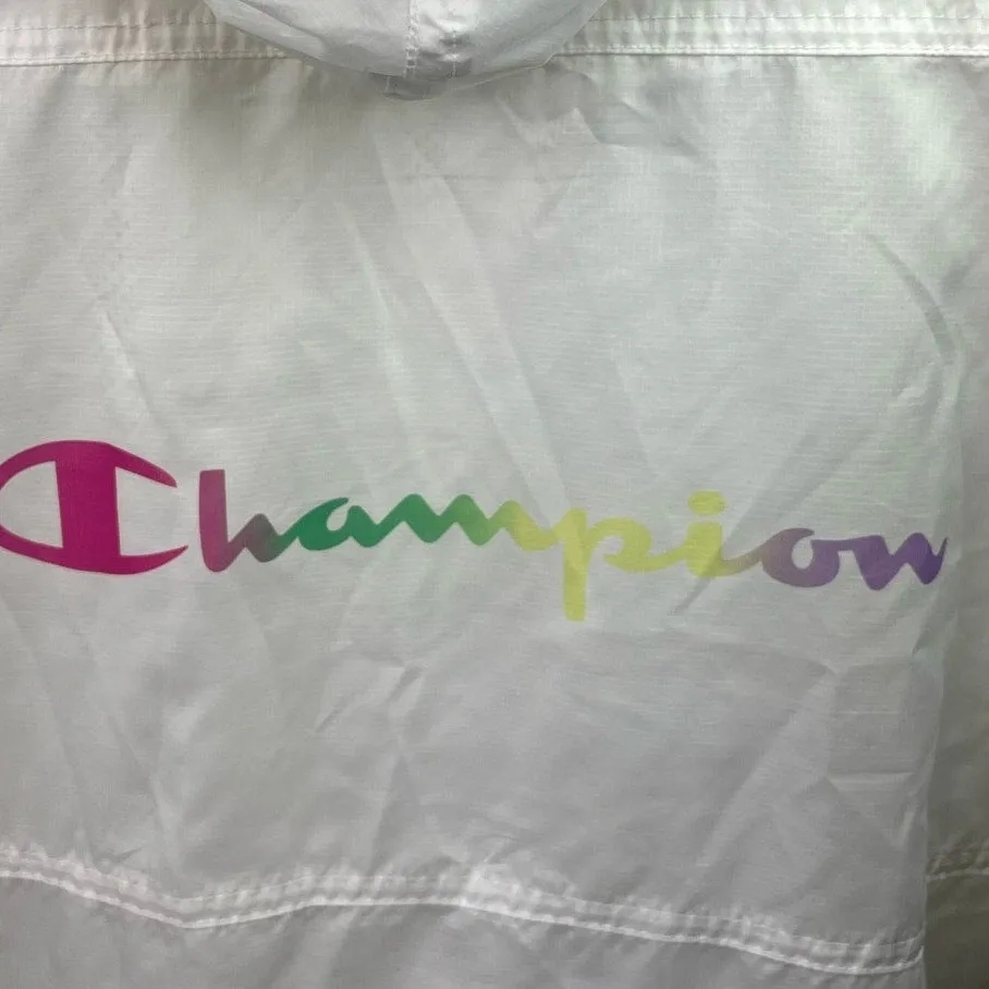 Champion White Full Zip Hooded Drawstring Mesh Lining Windbreaker Jacket Size M