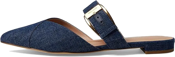 Cole Haan Vandam Buckle Denim Leather Pointed Toe Slip On Flat Classic Mules