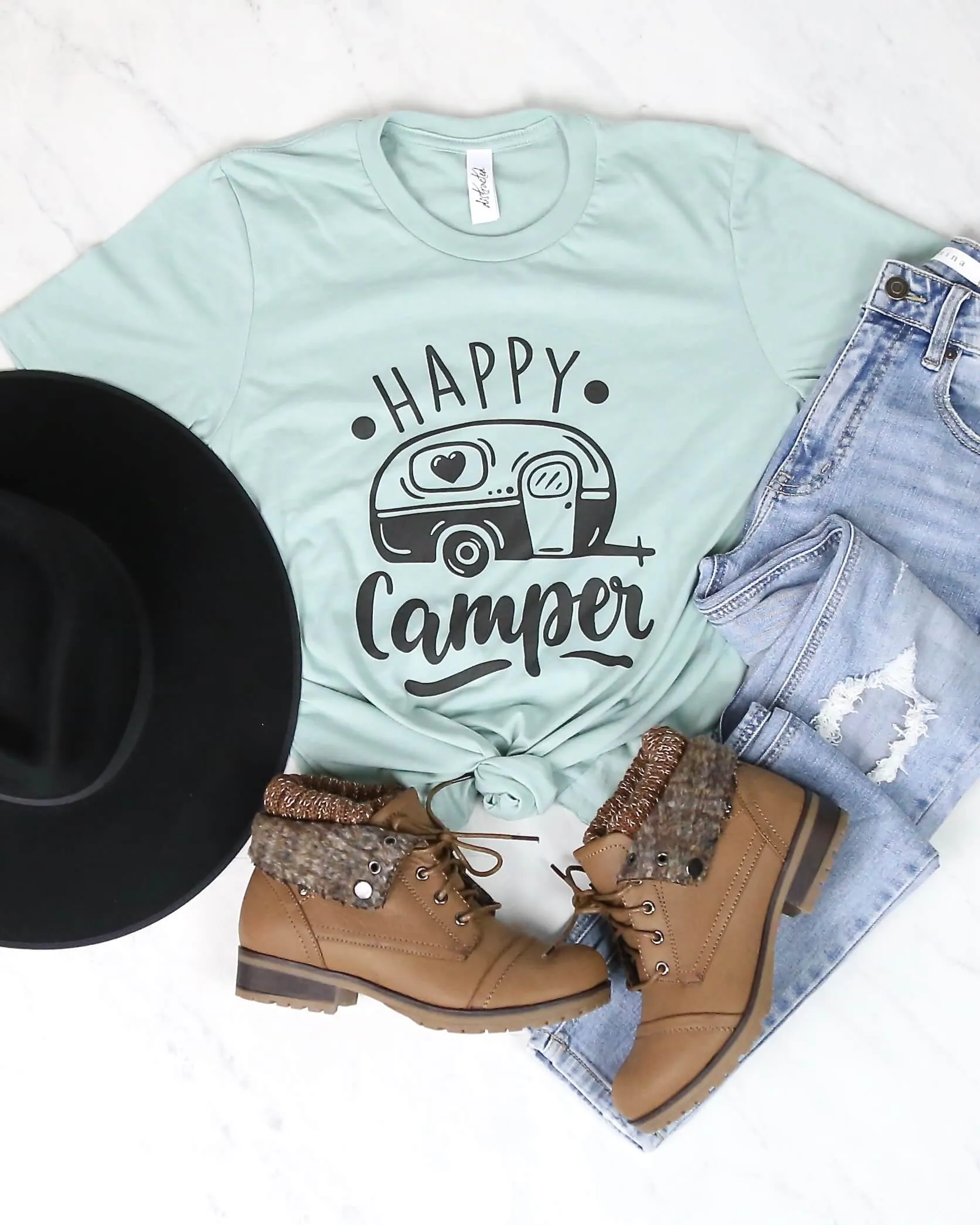 Distracted - Happy Camper Graphic Tee in Mint