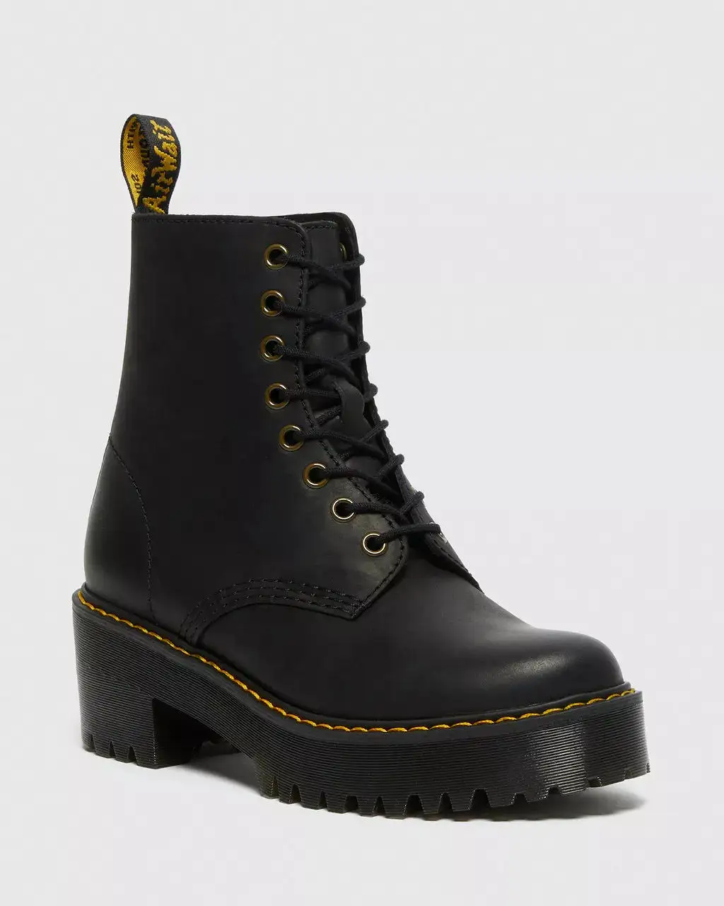 Doc Martens Women's SHRIVER HI WYOMING LEATHER HEELED BOOTS (Black Burnished)