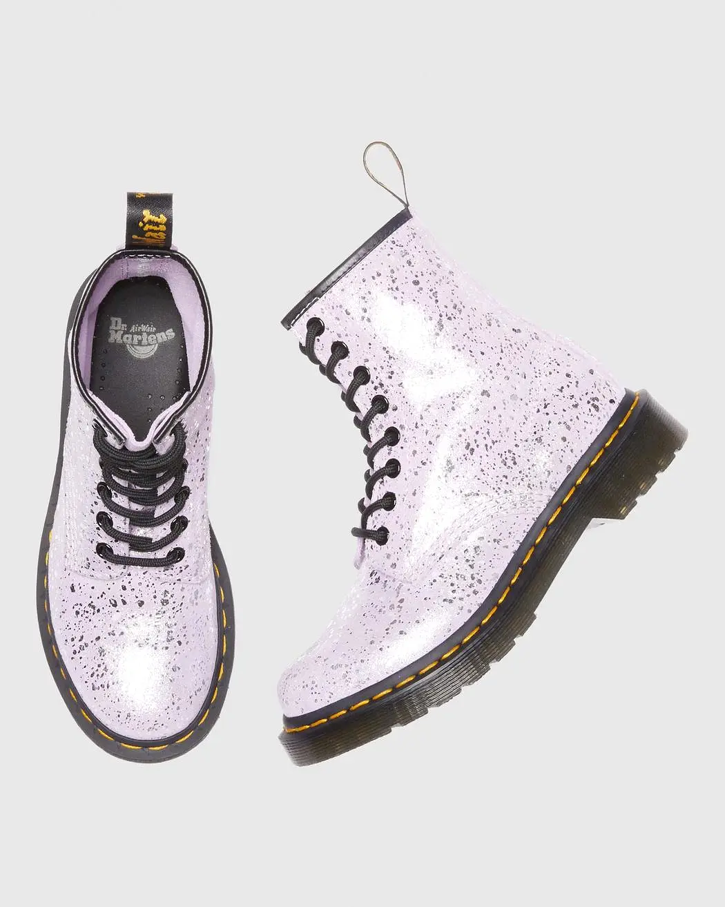 Dr Marten's  UNISEX 1460 METALLIC SPLATTER SUEDE LACE UP BOOTS (Lilac Metalic Paint Splatter)