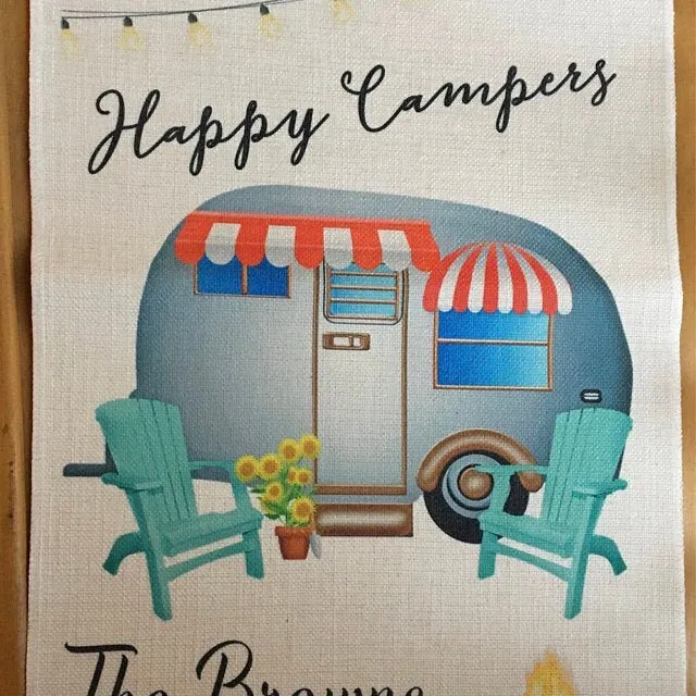 Happy Camper Flag, Burlap Garden Flag, Personalized Flag, Campground Flag, Home Flag