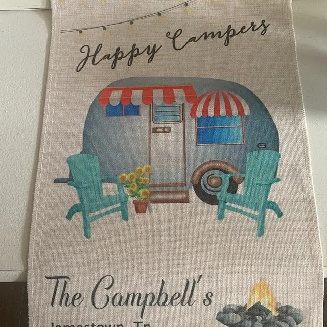 Happy Camper Flag, Burlap Garden Flag, Personalized Flag, Campground Flag, Home Flag