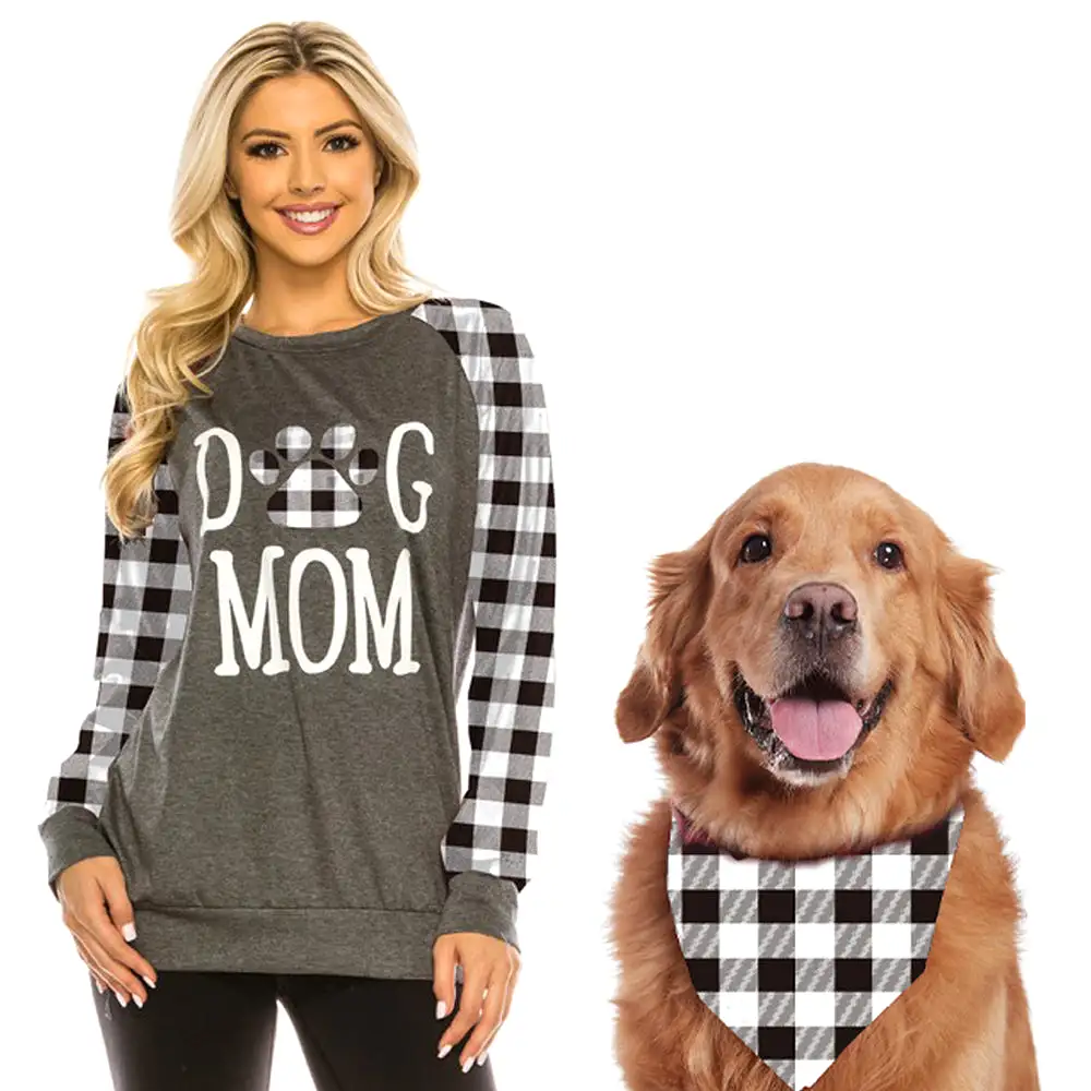 Haute Edition Women's Dog Mom Buffalo Plaid Sweatshirt with Dog Bandana 2-Piece Gift Set