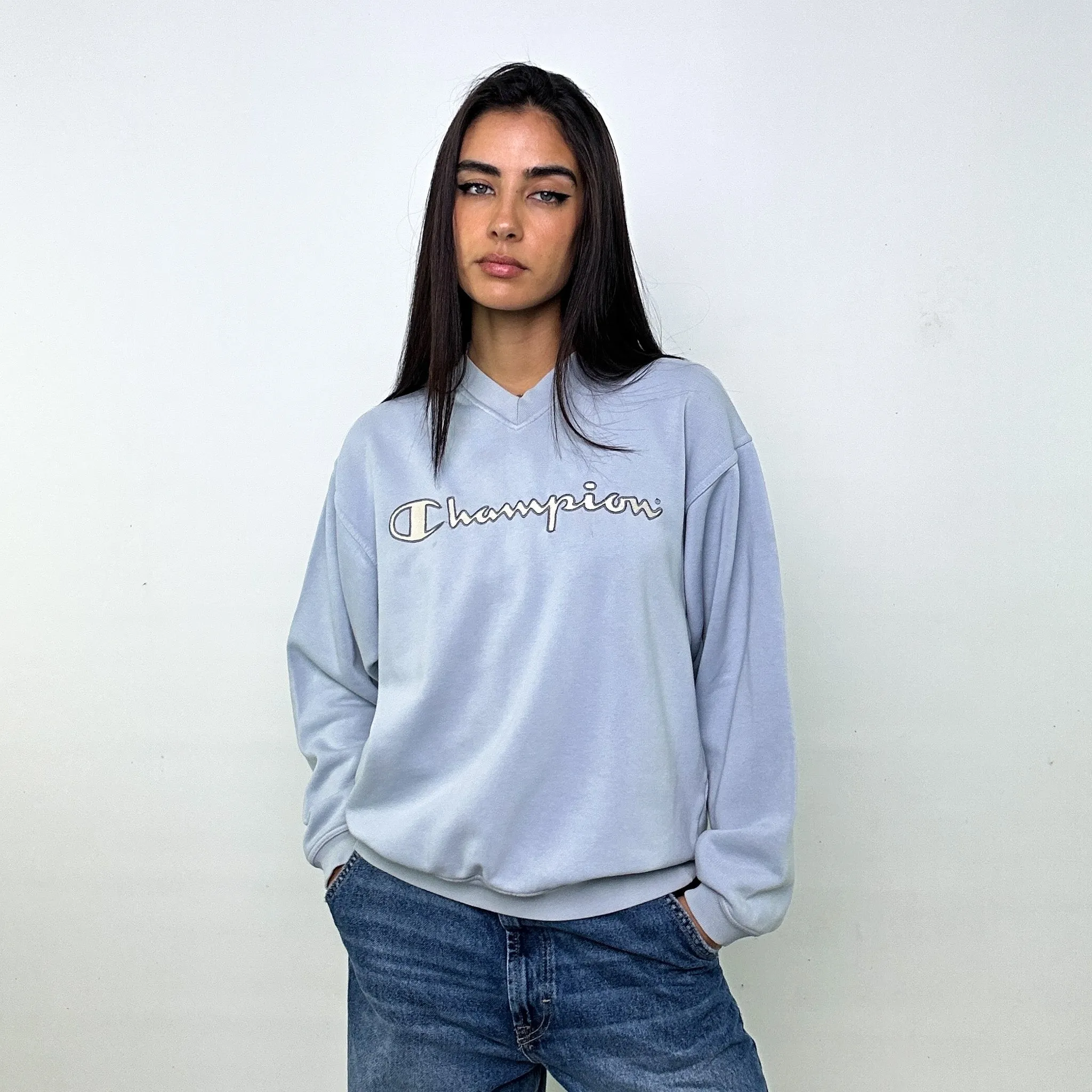 Light Blue 90s Champion Spellout Sweatshirt (M)