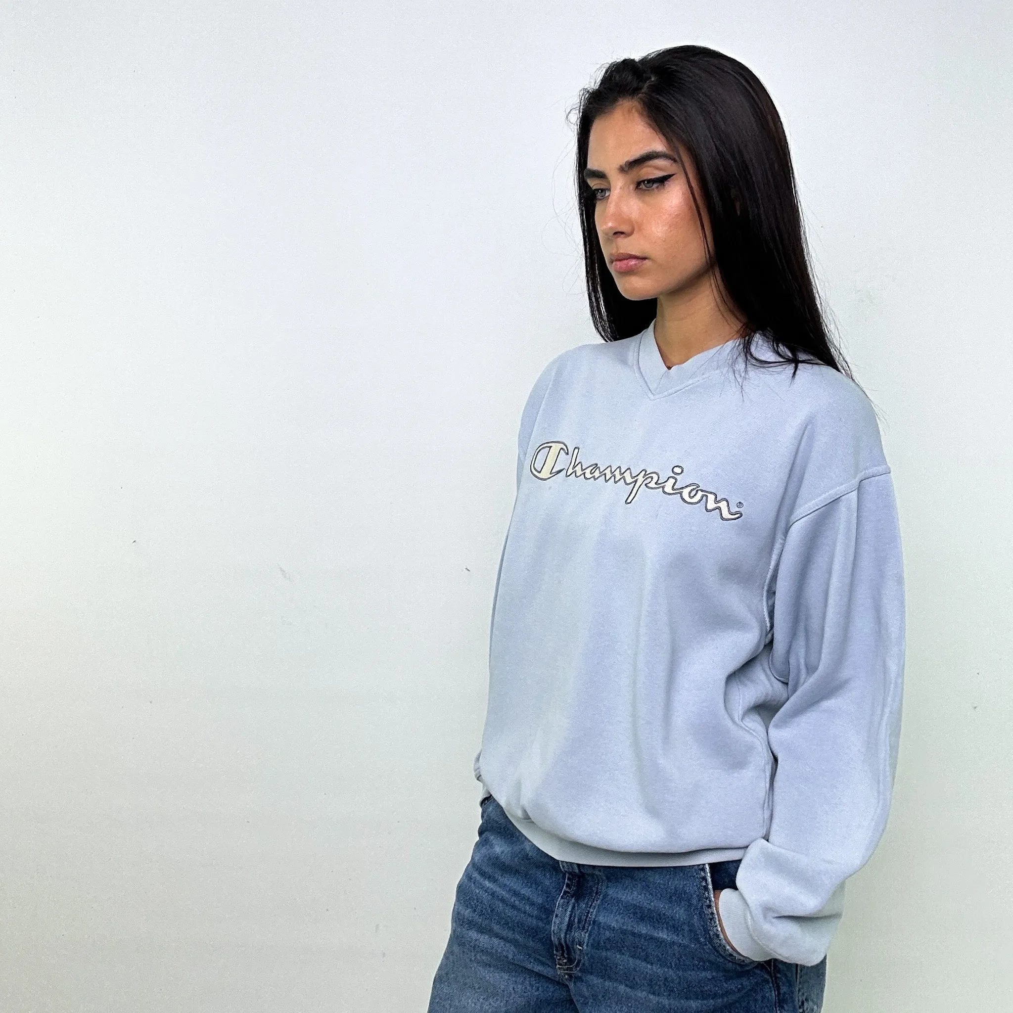 Light Blue 90s Champion Spellout Sweatshirt (M)