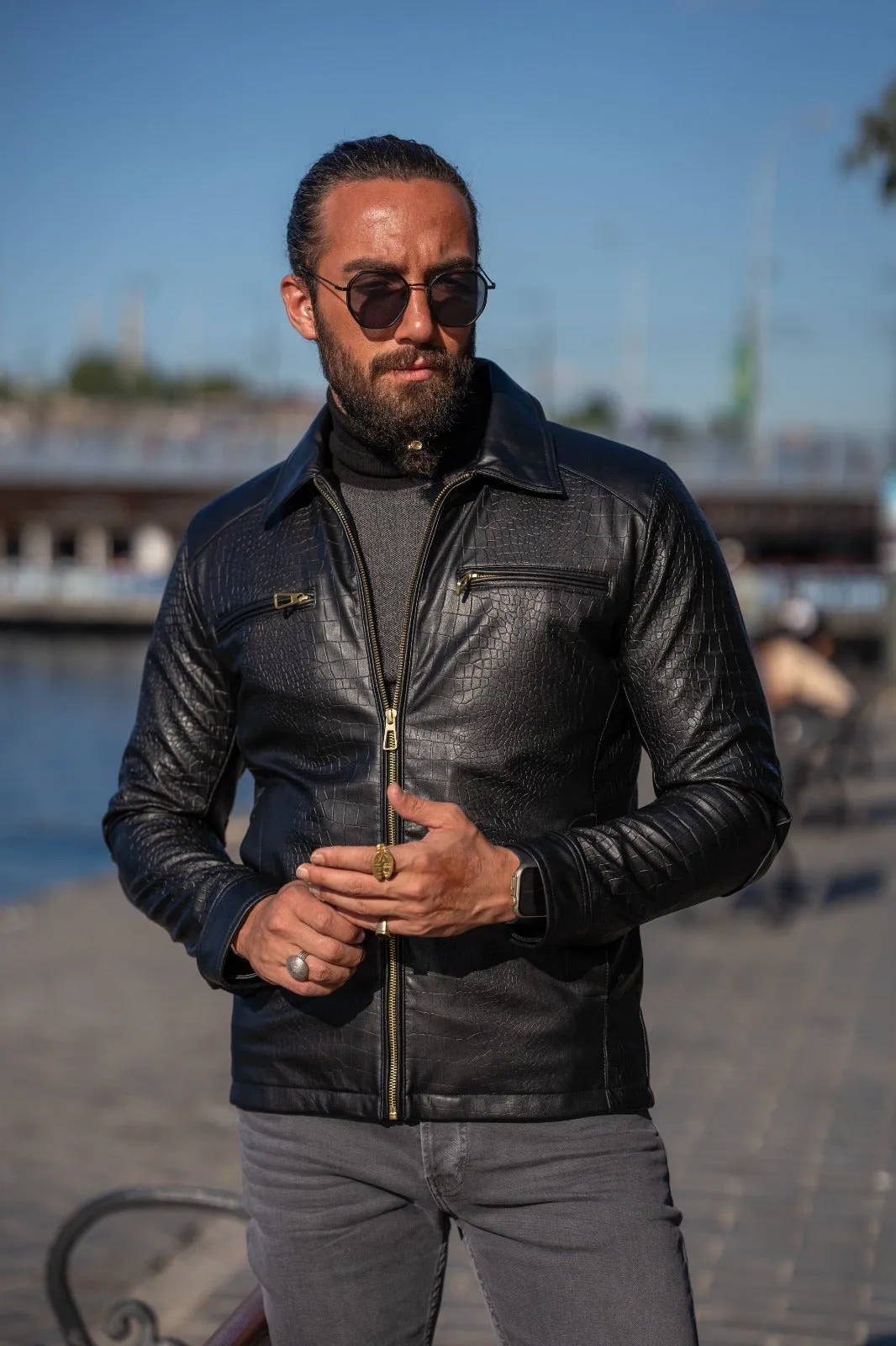 Mateo Slim Fit Leather Crocodile Style Jacket