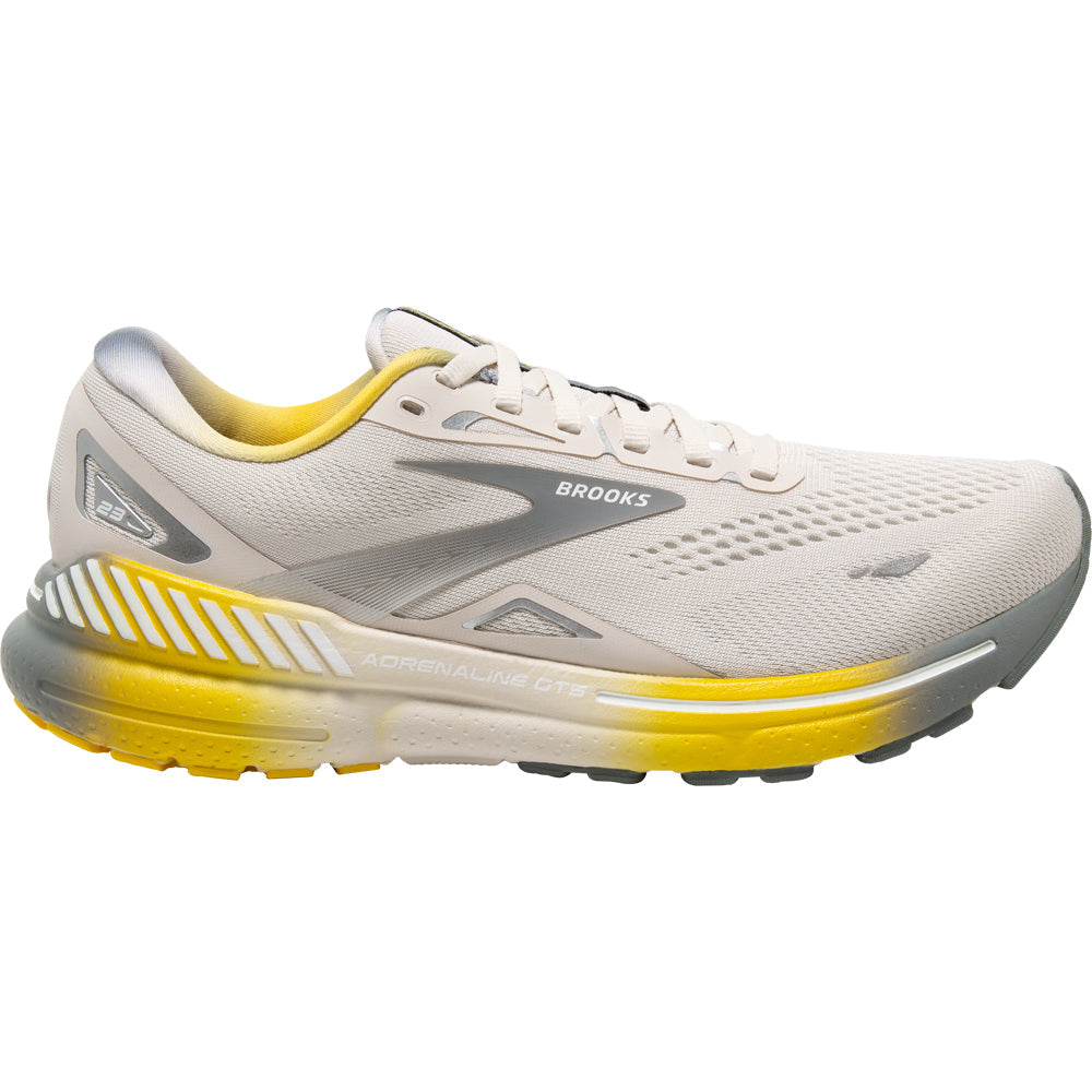 Men's Brooks Adrenaline GTS 23, White Sand/Grey/Cyber Yellow, 12 D Medium