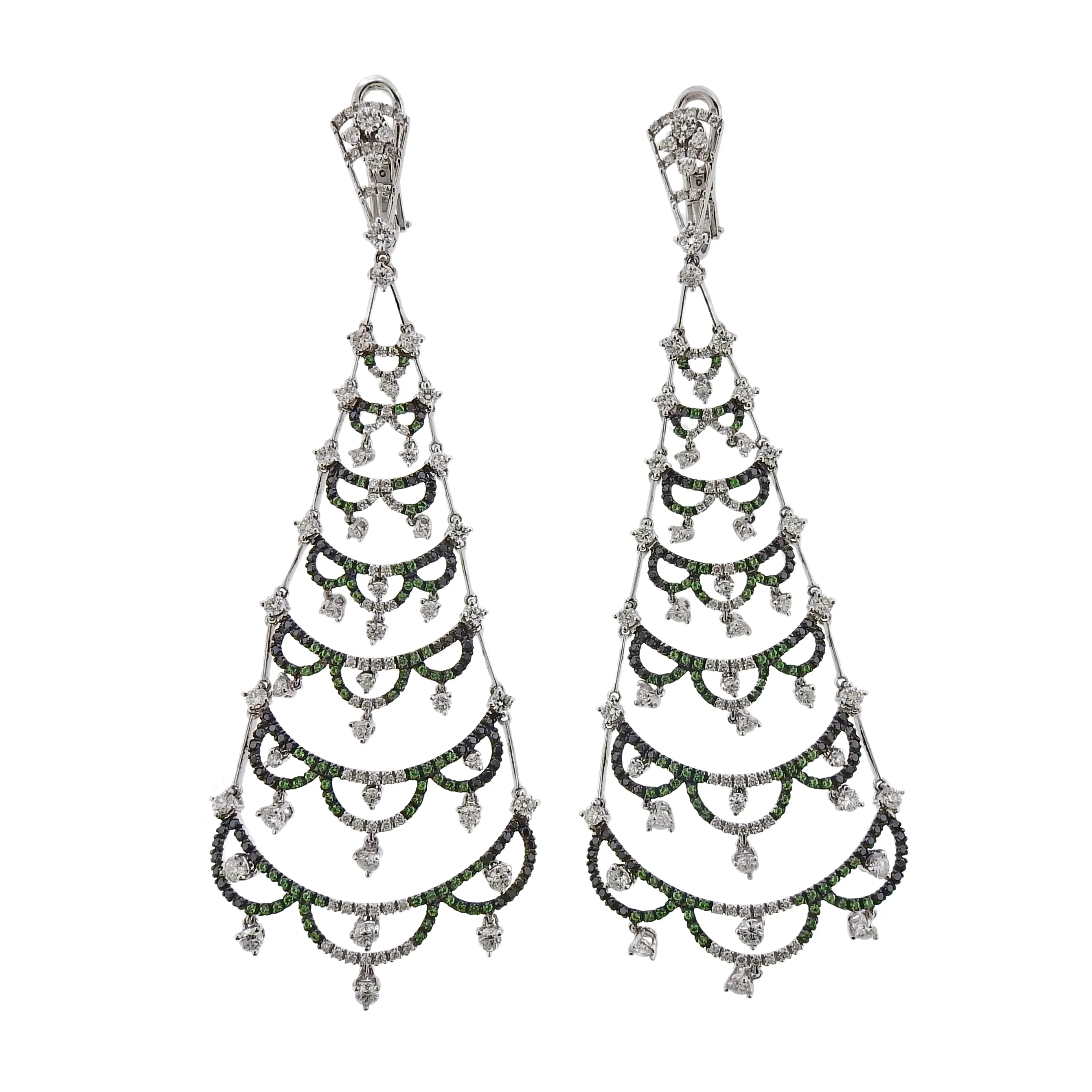 Porrati White Black Diamond Tsavorite Gold Chandelier Earrings