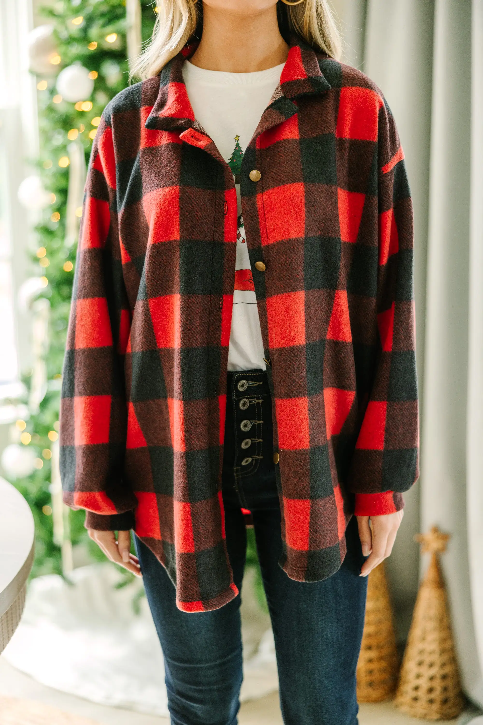 Stay Here Red Buffalo Plaid Button Down Top