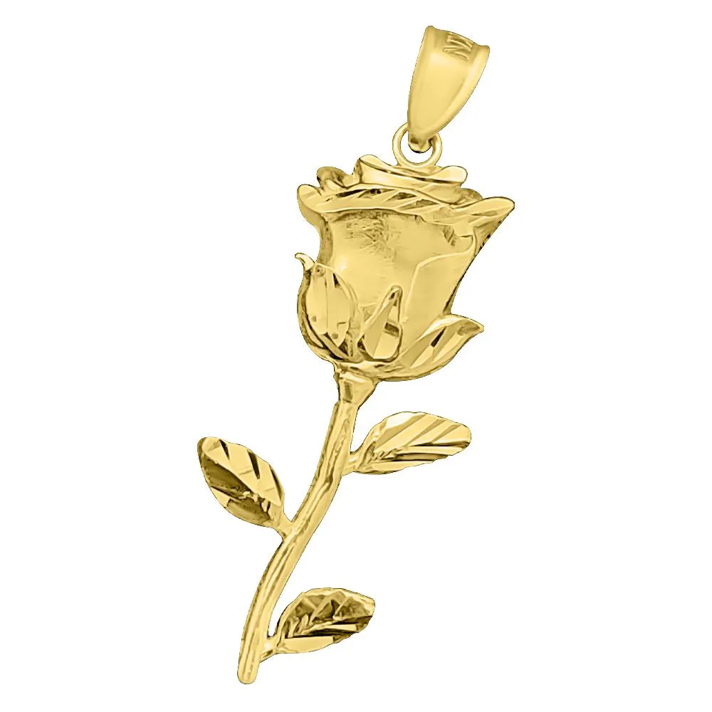 Stem Rose Pattern DC 10K Yellow Gold Pendant