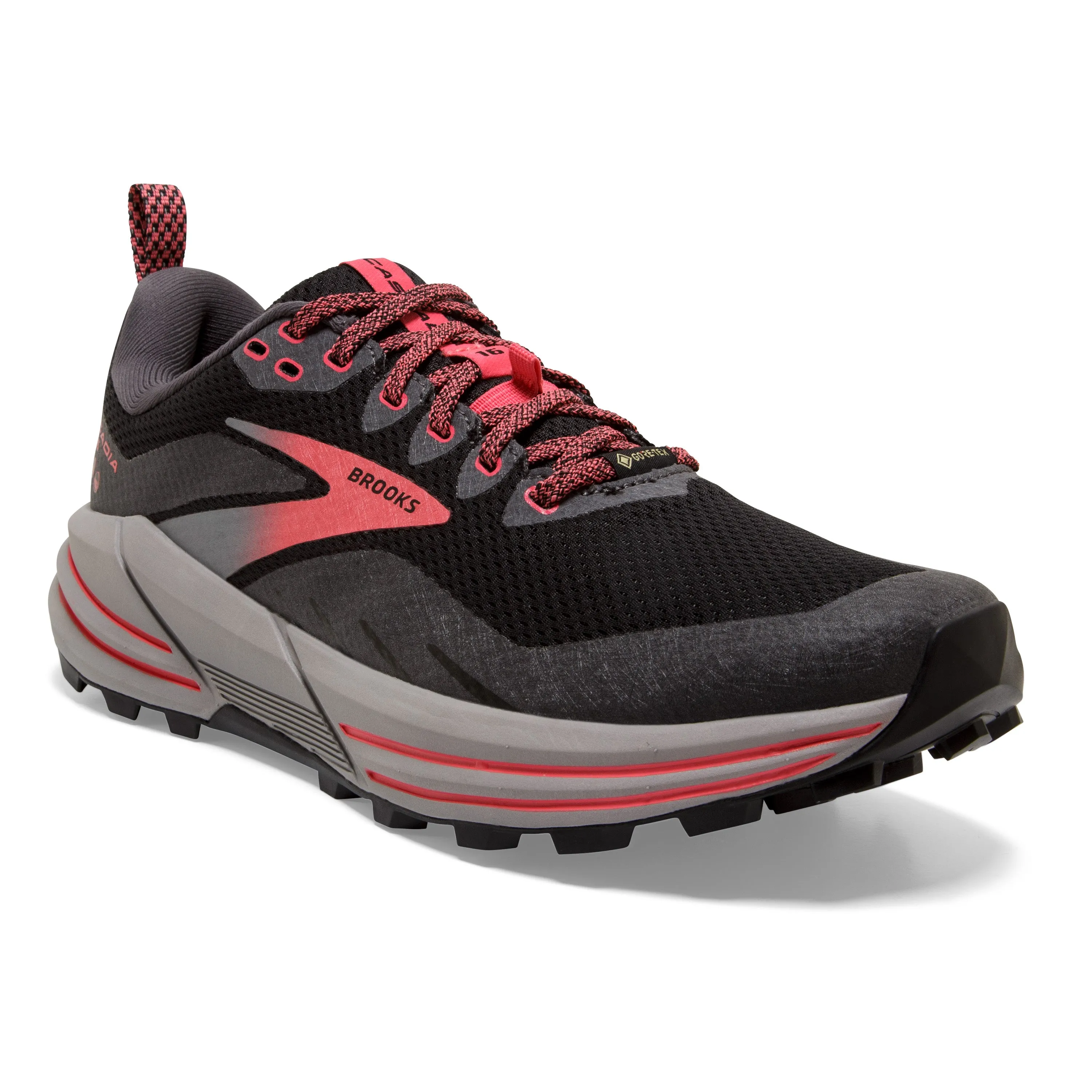 Women's Brooks Cascadia 16 GTX Color: Black/Blackened Pearl/Coral