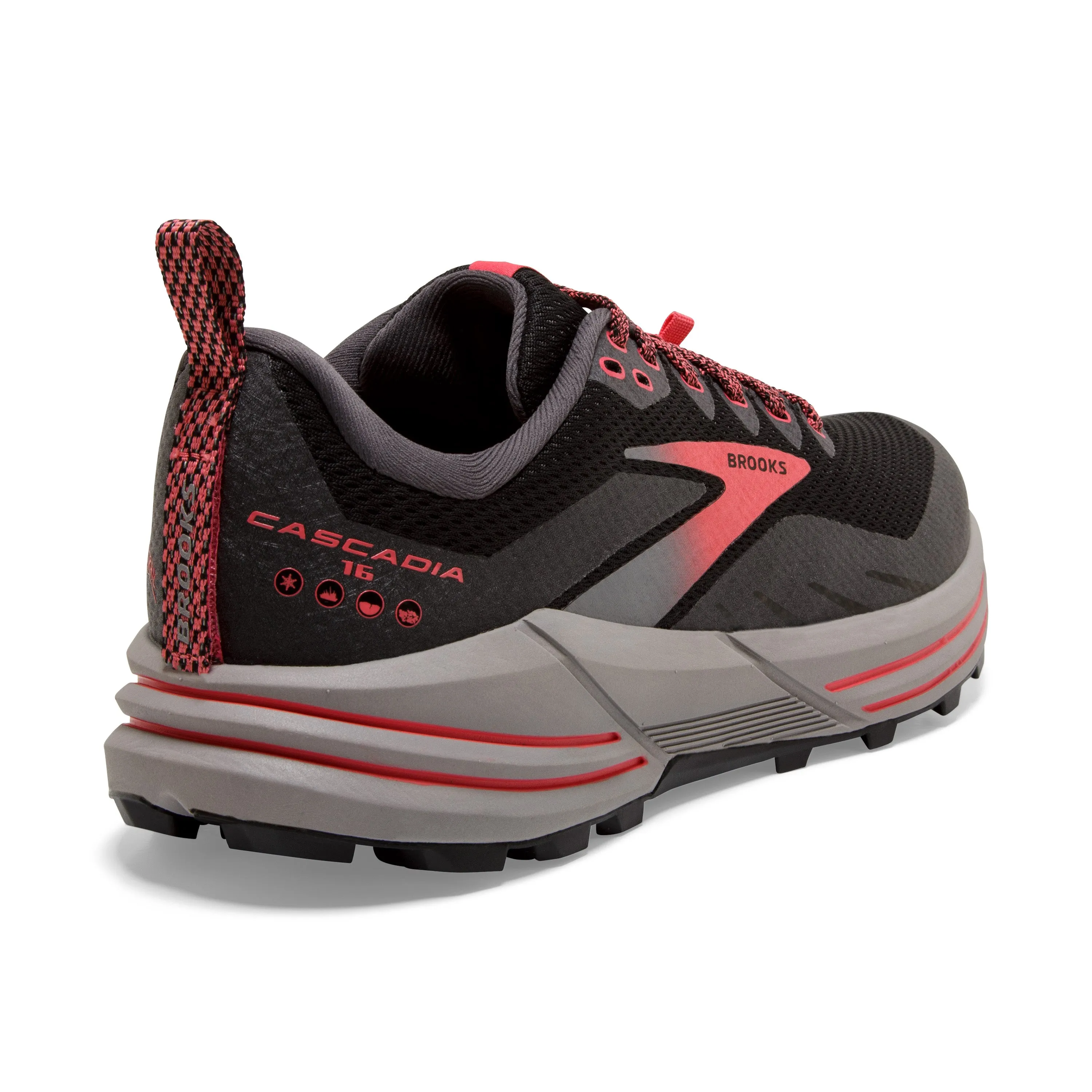 Women's Brooks Cascadia 16 GTX Color: Black/Blackened Pearl/Coral