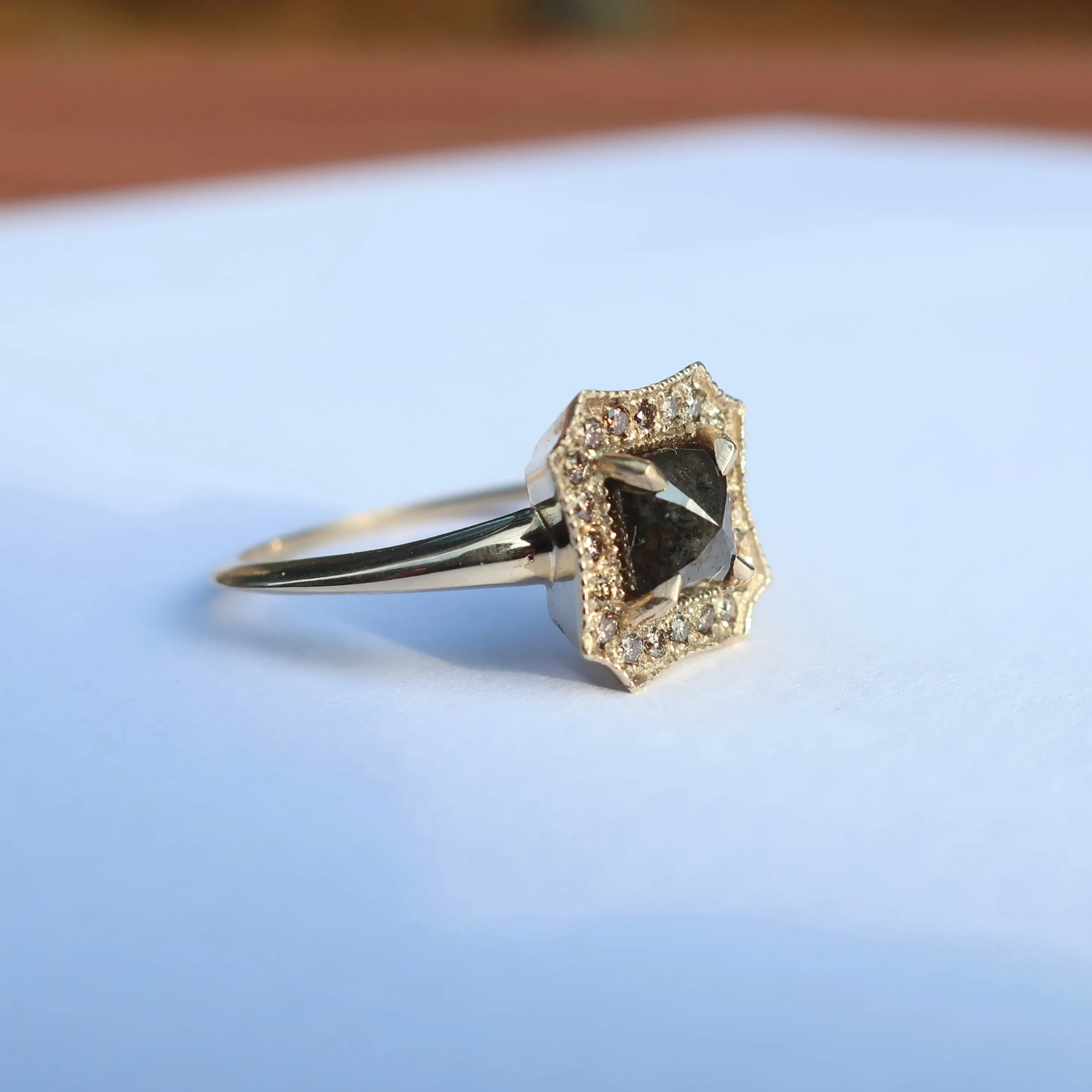 Yellow gold Black Diamond and Champagne Halo Ring