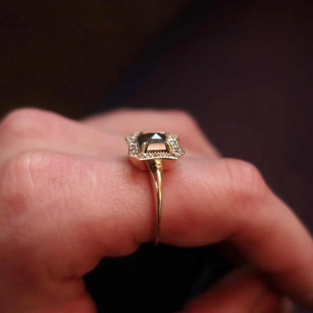 Yellow gold Black Diamond and Champagne Halo Ring